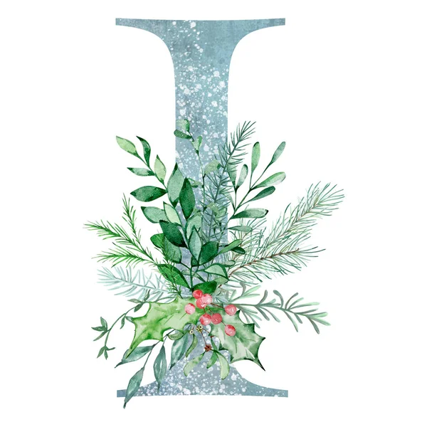 Υδατογραφία Χριστουγεννιάτικο Γράμμα Ένα Μπουκέτο Πράσινο Χειμώνα Για Σχεδιασμό Των — Φωτογραφία Αρχείου
