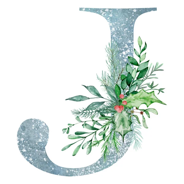 Aquarelle Lettre Noël Avec Bouquet Verdure Hiver Pour Conception Vacances — Photo