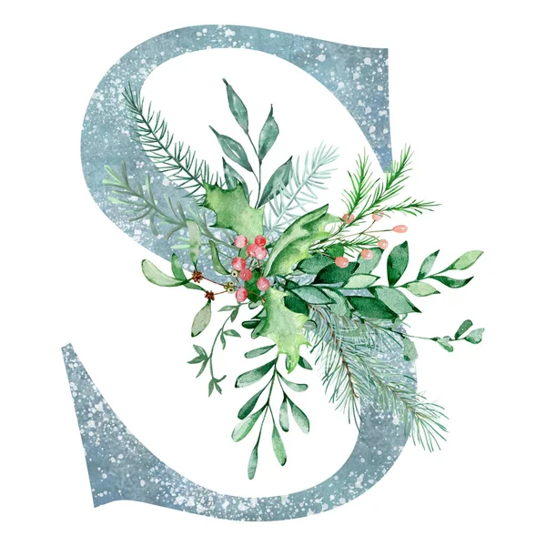 Acuarela Carta Navidad Con Ramo Vegetación Invierno Para Diseño Vacaciones — Foto de Stock
