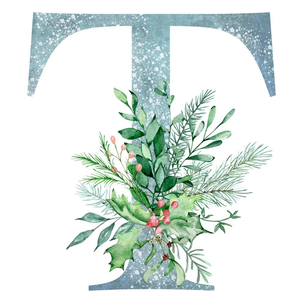 Aquarell Weihnachtsbrief Mit Einem Strauß Wintergrün Für Feiertagsgestaltung — Stockfoto