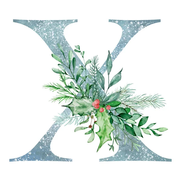 Acuarela Navidad Letra Con Ramo Vegetación Invierno Para Diseño Vacaciones — Foto de Stock