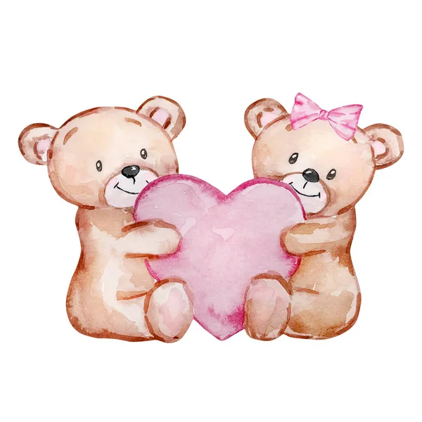 Watercolor Two Cute Teddy Bear Heart Valentines Day Festive Design — 스톡 사진