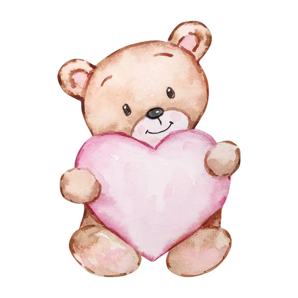 Watercolor Cute Teddy Bear Heart Valentines Day Festive Design — Foto Stock