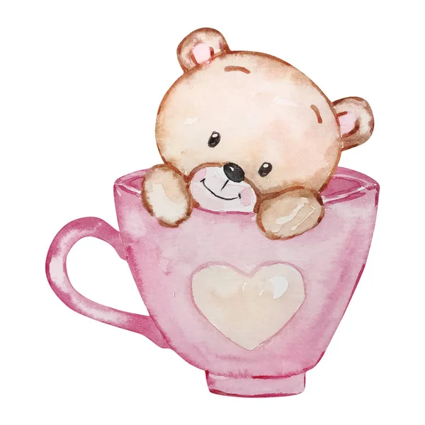 Watercolor Cute Teddy Bear Pink Cup Valentines Day Holiday Design — 스톡 사진