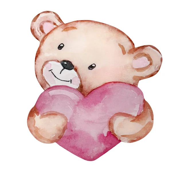 Watercolor Cute Teddy Bear Heart Valentines Day Festive Design — 스톡 사진