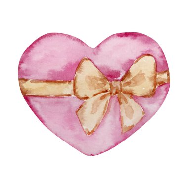 Watercolor pink heart with a bow Valentine's Day, for festive design
