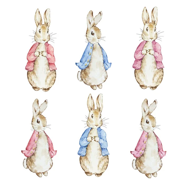 stock image Set of Watercolor cute Peter Rabbits in red and blue jacket for baby design