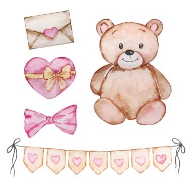 Watercolor Cute Teddy Bears Valentine's Day for holiday design