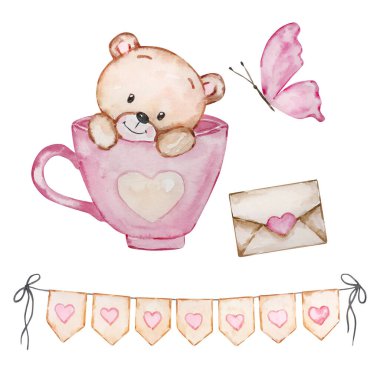 Watercolor Cute Teddy Bears Valentine's Day for holiday design