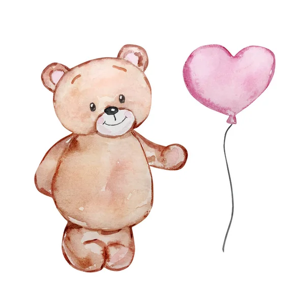 Watercolor Cute Teddy Bear Balloon Valentine Day Holiday Design — 스톡 사진