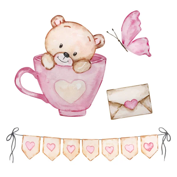 Watercolor Cute Teddy Bears Valentine Day Holiday Design — 스톡 사진