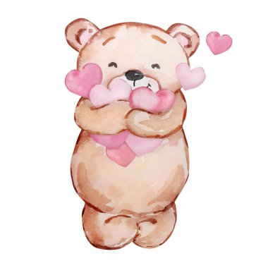 Watercolor illustration of Teddy Bear with hearts, Valentine's Day, for holiday design