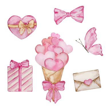 Watercolor set heart, gift, butterfly Valentine's Day to create a festive design