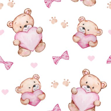 Seamless pattern Valentine's Day of watercolor teddy bears and hearts for design and print