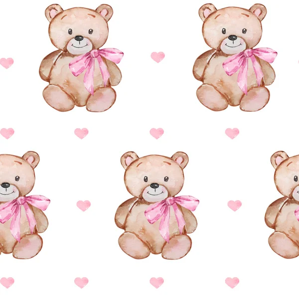 Seamless Pattern Valentine Day Watercolor Teddy Bears Hearts Design Print — Zdjęcie stockowe