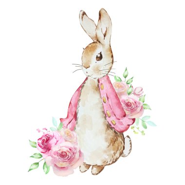 Watercolor illustration of peter bunny with a bouquet of pink flowers for holiday design