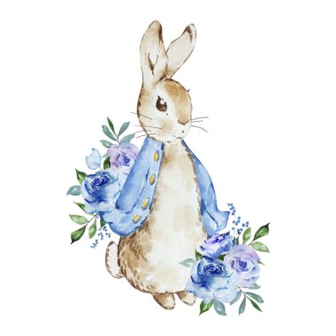 Watercolor illustration of peter rabbit with a bouquet of blue flowers for holiday design