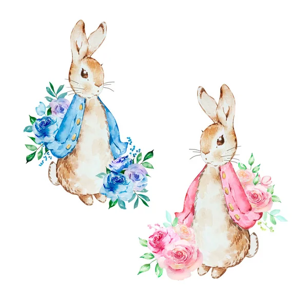Watercolor illustration of rabbits with bouquets of flowers for festive design