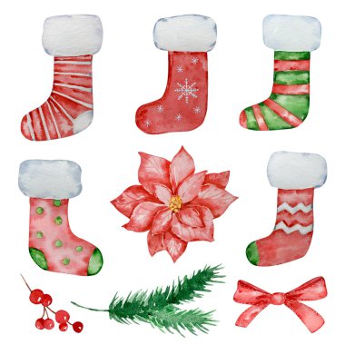 Tatil tasarımı için suluboya Noel çorapları ve kış yeşilliği.