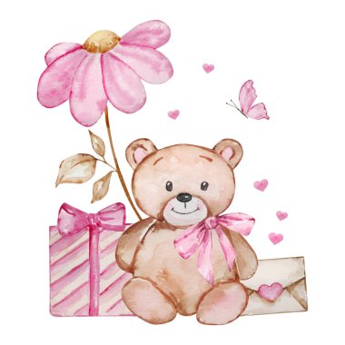 Watercolor illustration of Teddy Bear with a gift, Valentine's Day, for holiday design