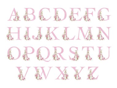 Watercolor alphabet with pink Flopsy Rabbit for kids design