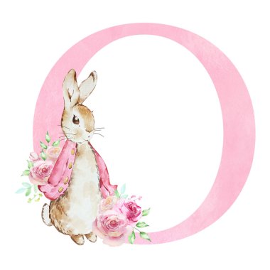 Watercolor letter O with pink Flopsy Rabbit for kids design