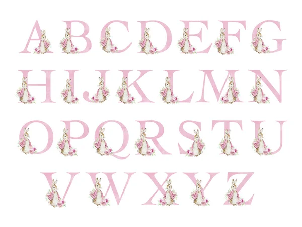 stock image Watercolor alphabet with pink Flopsy Rabbit for kids design