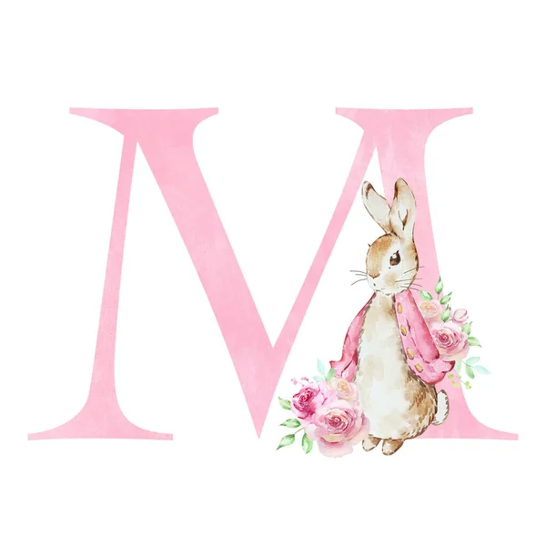 Watercolor Letter Pink Flopsy Rabbit Kids Design — 图库照片