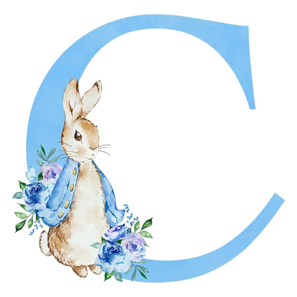 Watercolor Blue Letter Peter Rabbit Kids Design — 图库照片