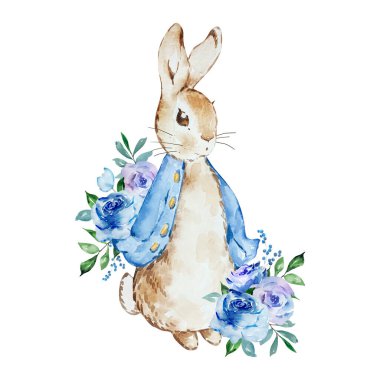 Watercolor illustration of peter rabbit with a bouquet of blue flowers for holiday design