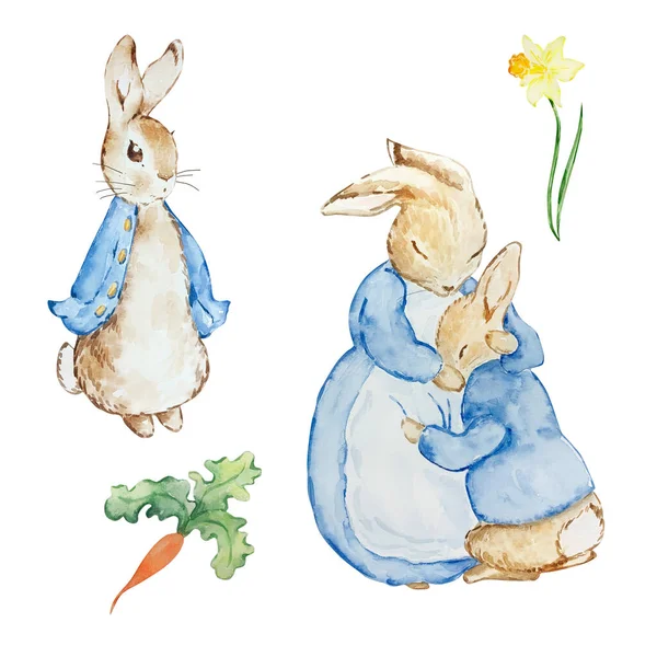 stock image Watercolor cute rabbits in a blue jacket for kids design