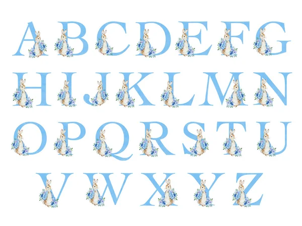 Watercolor Blue Alphabet Peter Rabbit Kids Design — 图库照片