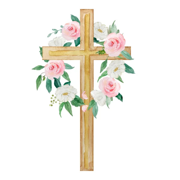 Watercolor cross decorated with flowers, Easter religious symbol for the design of church holidays