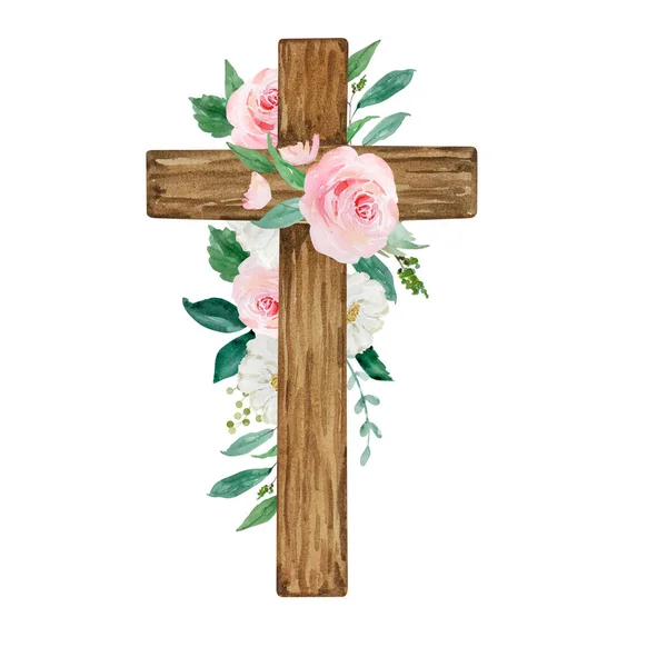 Watercolor cross decorated with flowers, Easter religious symbol for the design of church holidays