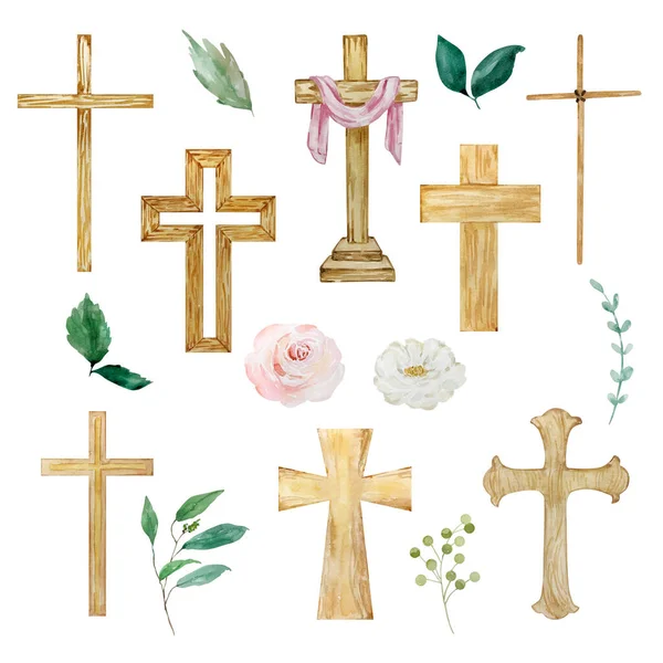 Watercolor crosses and floral, Easter religious symbol for the design of church holidays