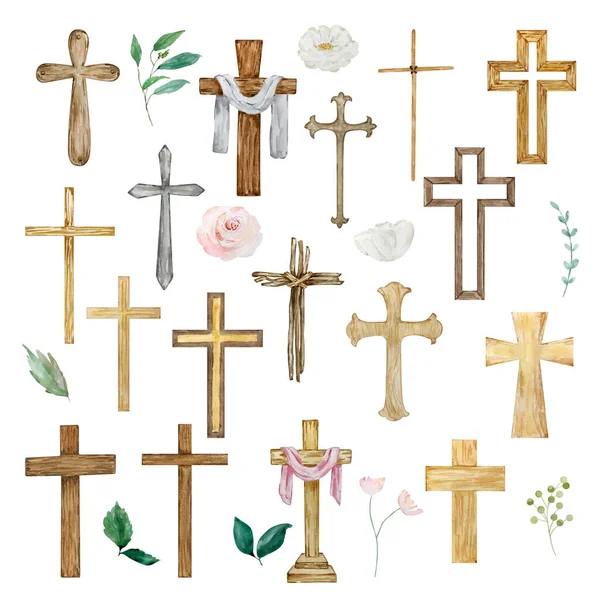 Watercolor crosses and floral, Easter religious symbol for the design of church holidays