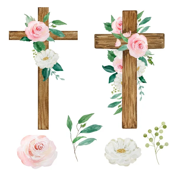 Watercolor crosses decorated with flowers, Easter religious symbol for the design of church holidays