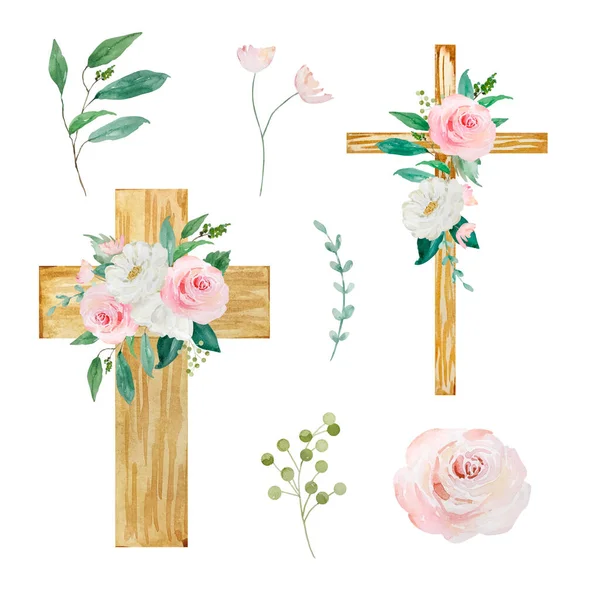 Watercolor Crosses Decorated Flowers Easter Religious Symbol Design Church Holidays — Foto Stock