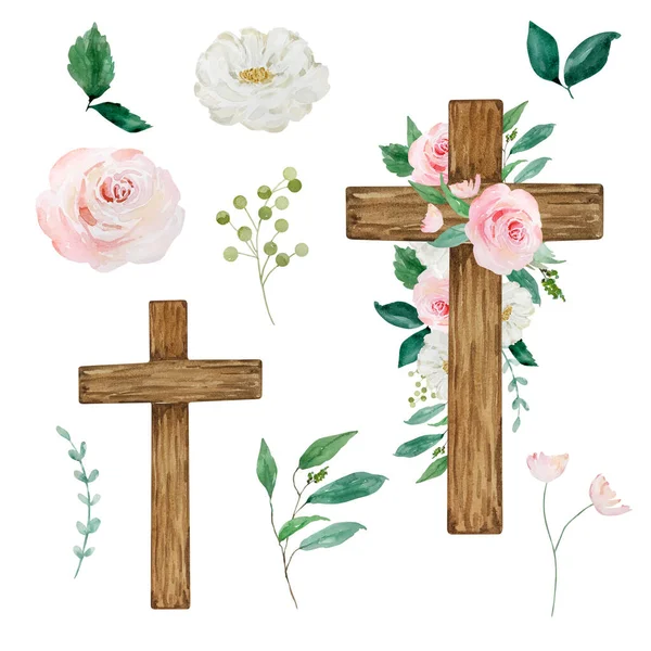 Watercolor crosses decorated with flowers, Easter religious symbol for the design of church holidays