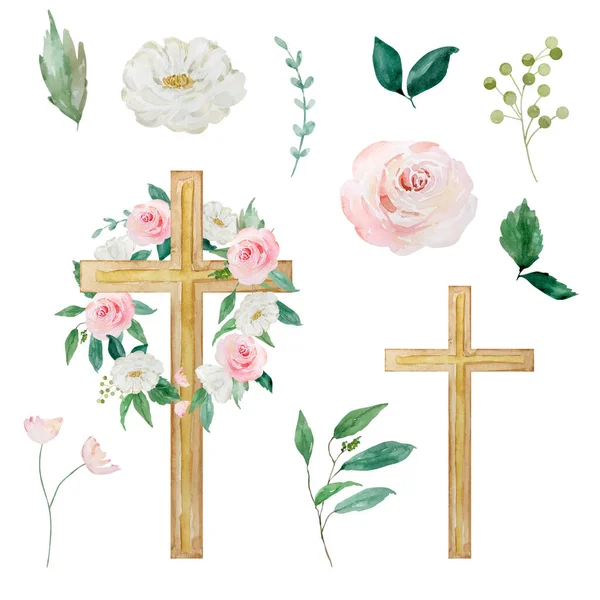 Watercolor crosses decorated with flowers, Easter religious symbol for the design of church holidays