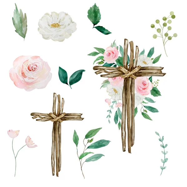 Watercolor crosses decorated with flowers, Easter religious symbol for the design of church holidays