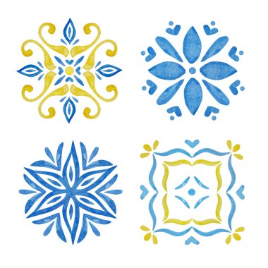 Watercolor mediterranean set, juicy lemons, leaves, flowers, Italian tiles, illustration for design