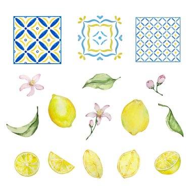 Watercolor mediterranean set, juicy lemons, leaves, flowers, Italian tiles, illustration for design