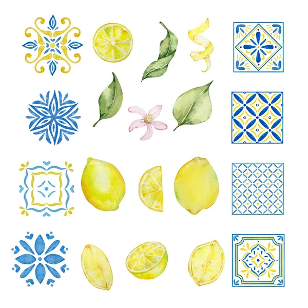 Akvarell Medelhavet Set Saftiga Citroner Blad Blommor Italienska Plattor Illustration — Stockfoto