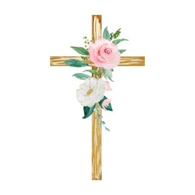 Çiçeklerle süslenmiş suluboya haç, kilise tatilleri için Paskalya dini sembolü