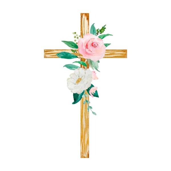 水彩画十字饰花卉 复活节宗教标志为教会节日设计 — 图库照片