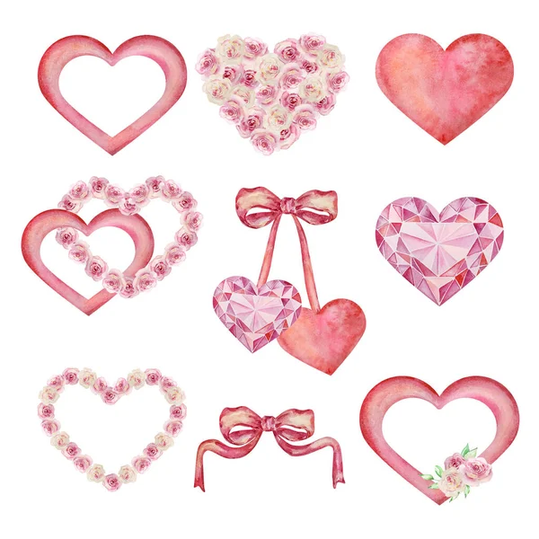 Watercolor Set Valentine Day Bright Hearts Festive Design — 스톡 사진