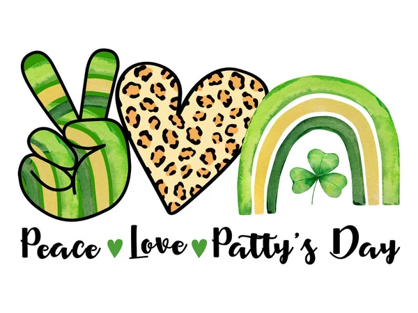 Watercolor Illustration Peace Love Patrick Day Design Print —  Fotos de Stock