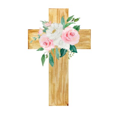 Watercolor cross decorated with flowers, Easter religious symbol for the design of church holidays