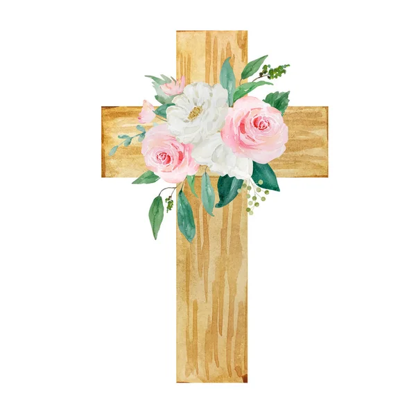 Watercolor Cross Decorated Flowers Easter Religious Symbol Design Church Holidays — Fotografia de Stock